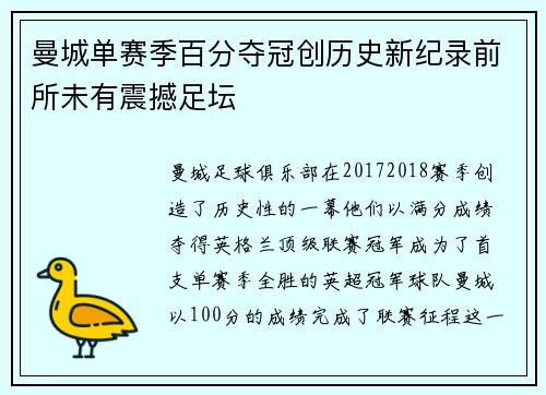 曼城单赛季百分夺冠创历史新纪录前所未有震撼足坛