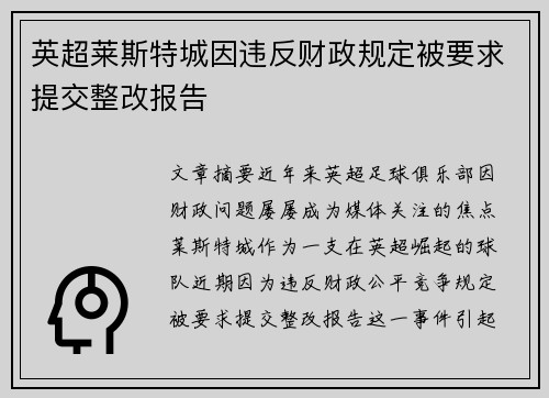 英超莱斯特城因违反财政规定被要求提交整改报告